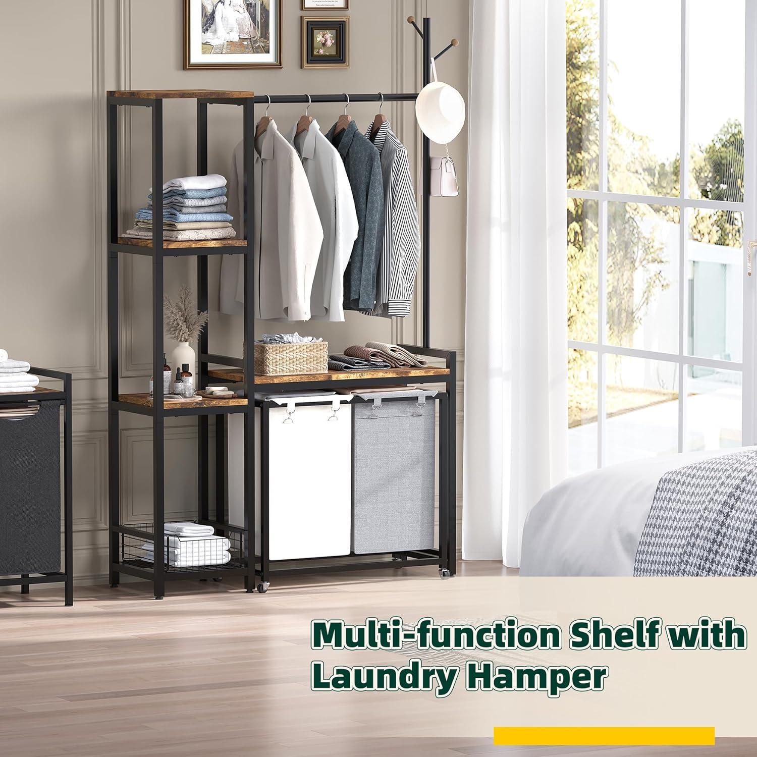 VASAGLE Clothes Rack with Laundry Hamper Removable Laundry Basket with Shelf Rustic Brown and Black