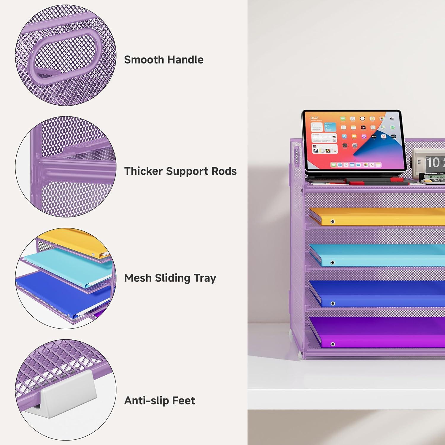 Marbrasse Paper Organizer Letter Tray, 5 Tier Mesh File Organizer with Handle, Paper Sorter Desk Organizer for Home Office Supplies - Purple