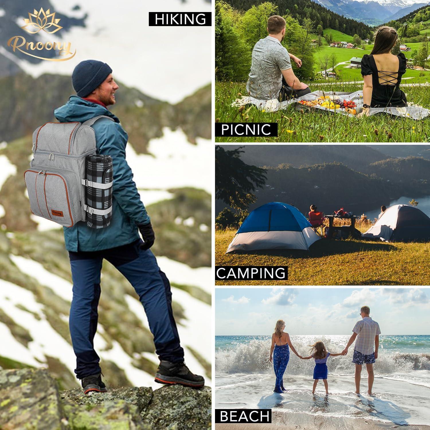 Gray Insulated Picnic Backpack with Blanket and Cutlery Set