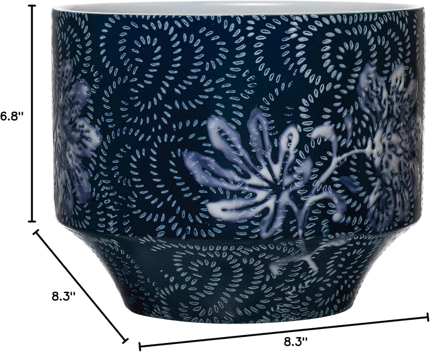 Blue and White Floral Stoneware Planter for 4" Pots