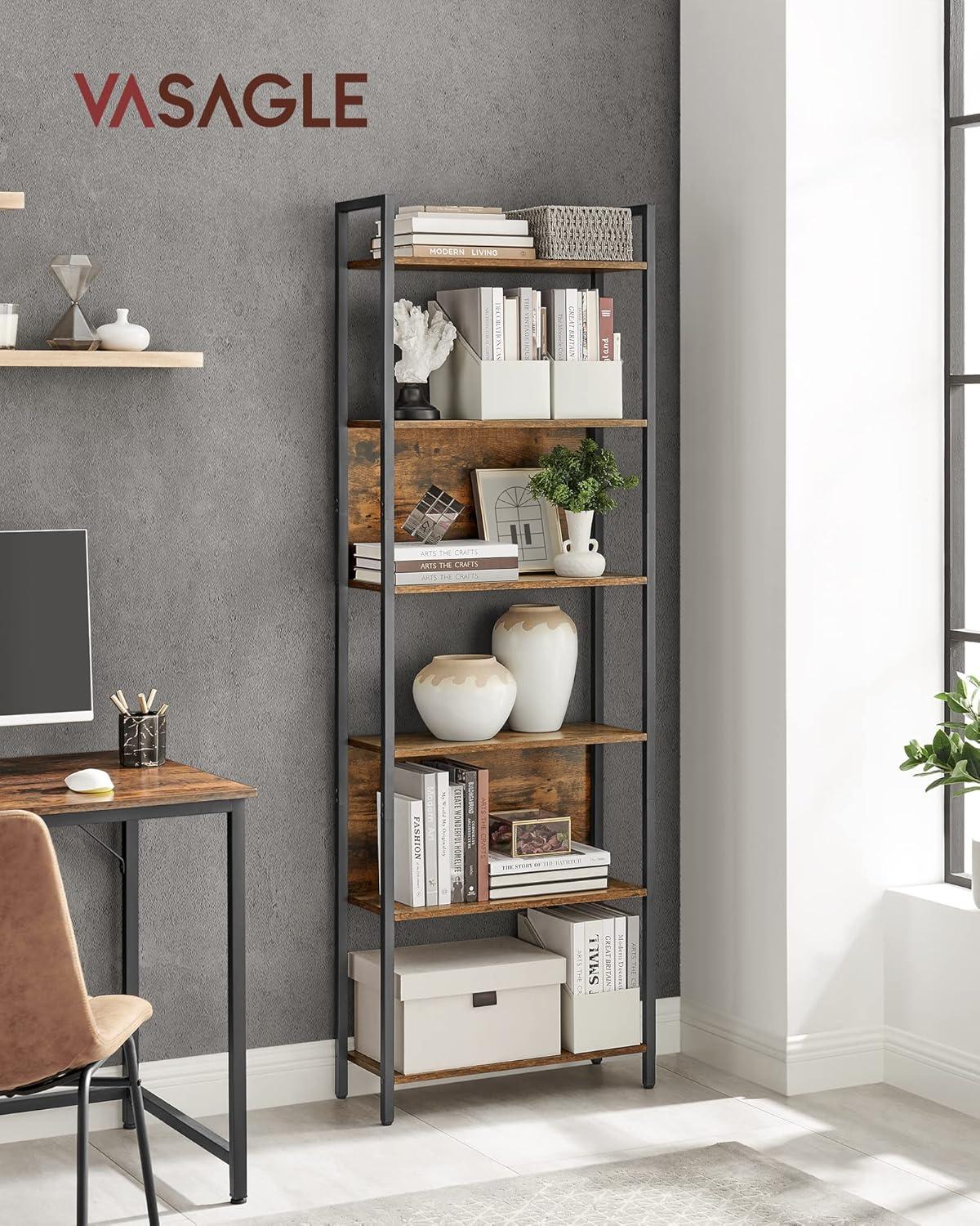 Industrial Black and Rustic Brown 6-Tier Bookshelf