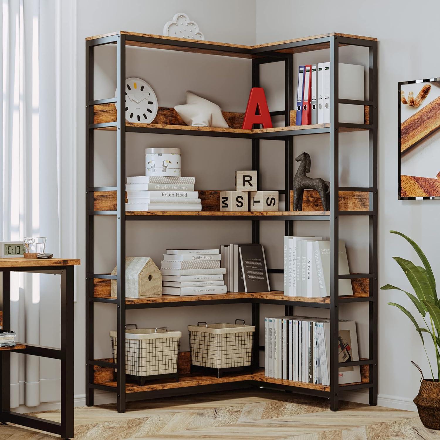 Industrial Brown and Black 5-Tier Corner Bookshelf with Metal Frame