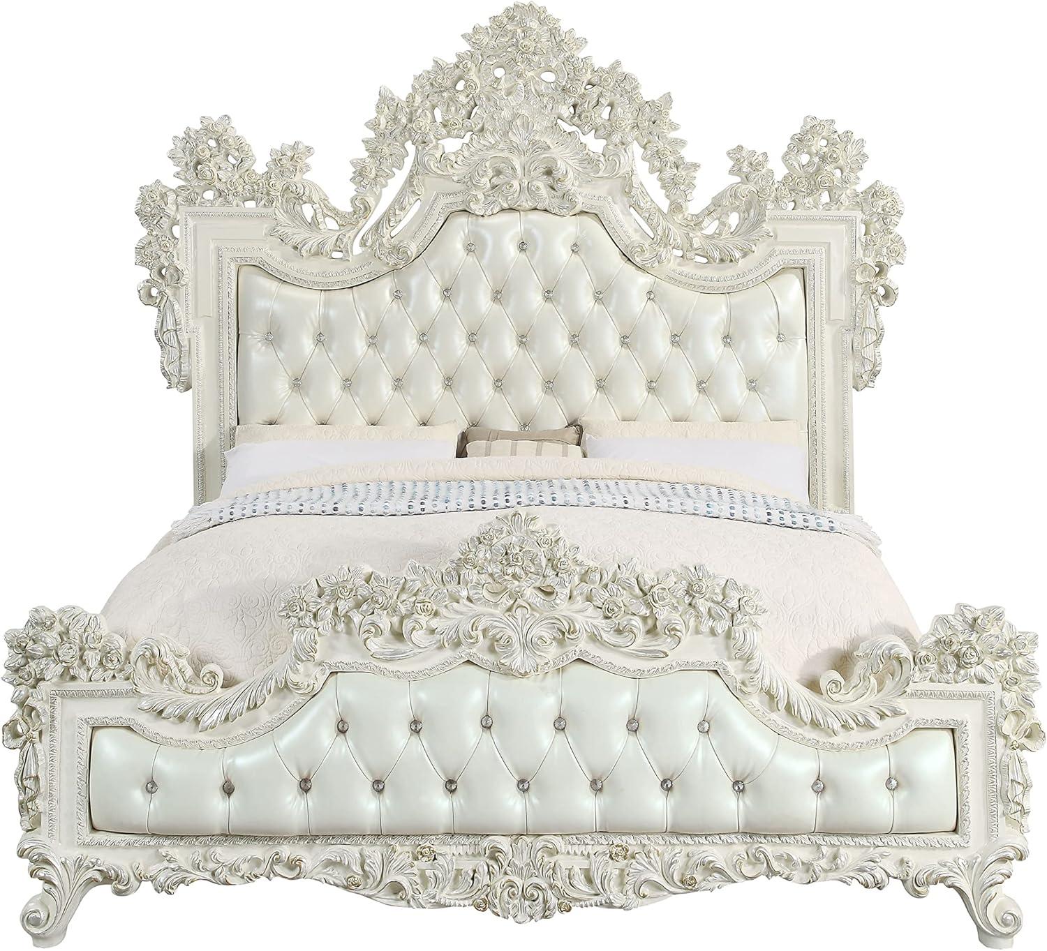 Acme Furniture: 90" Eastern King Bed Adara Bed White Synthetic Leather and Antique White Finish Victorian Style, Tufted Headboard