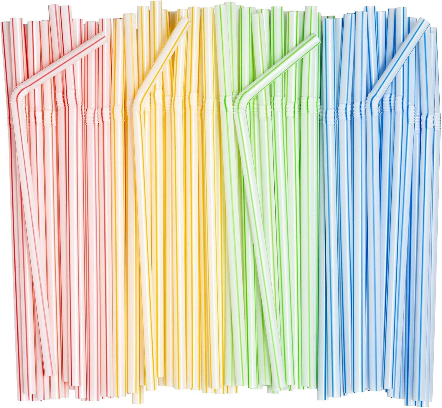 Assorted Color Flexible Plastic Drinking Straws, 7.75 Inches, 200 Pack