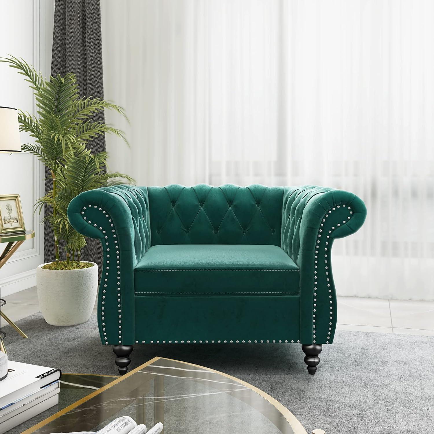 Green Velvet Chesterfield Accent Chair with Nailhead Trim