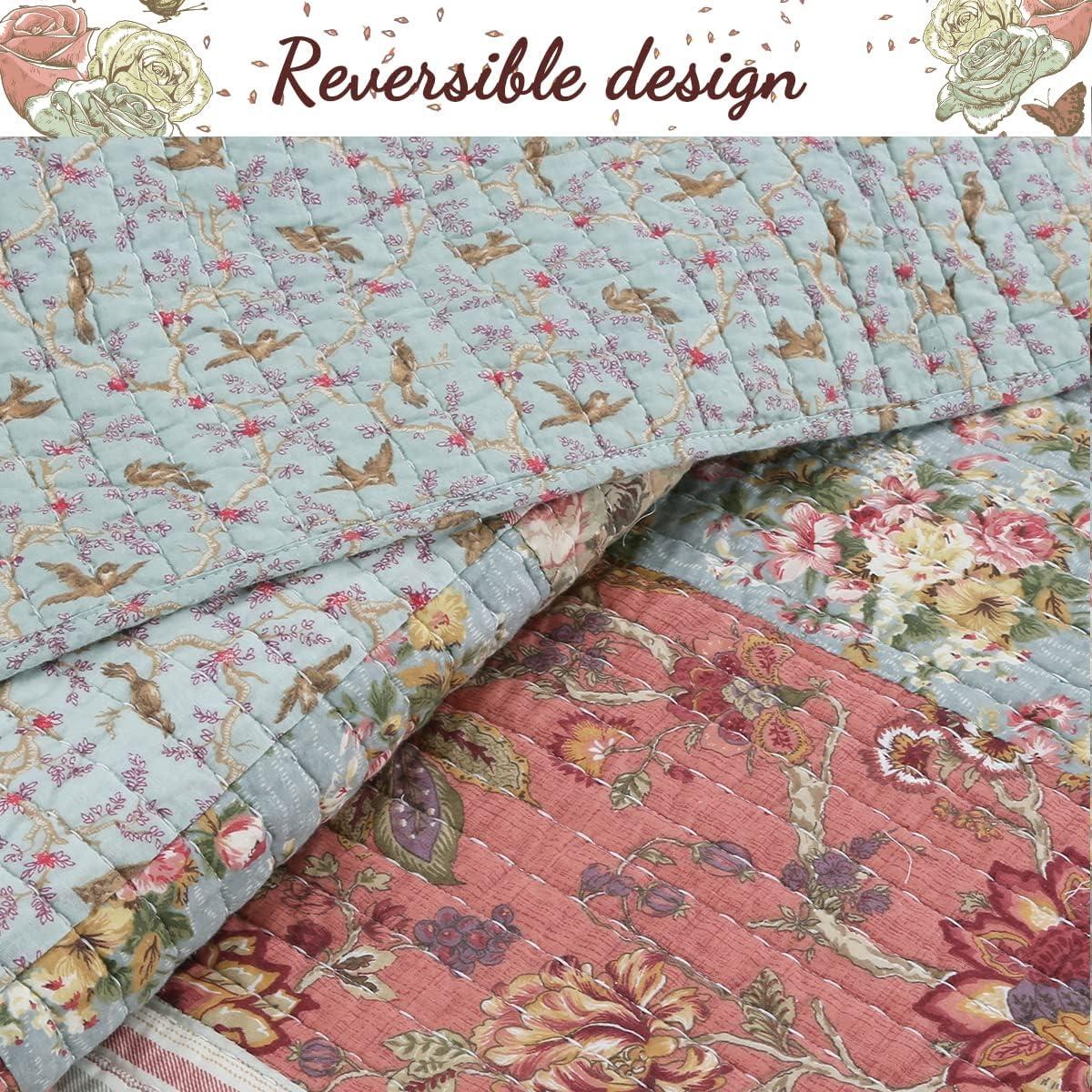 Ivory Floral Reversible Cotton Queen Quilt Set