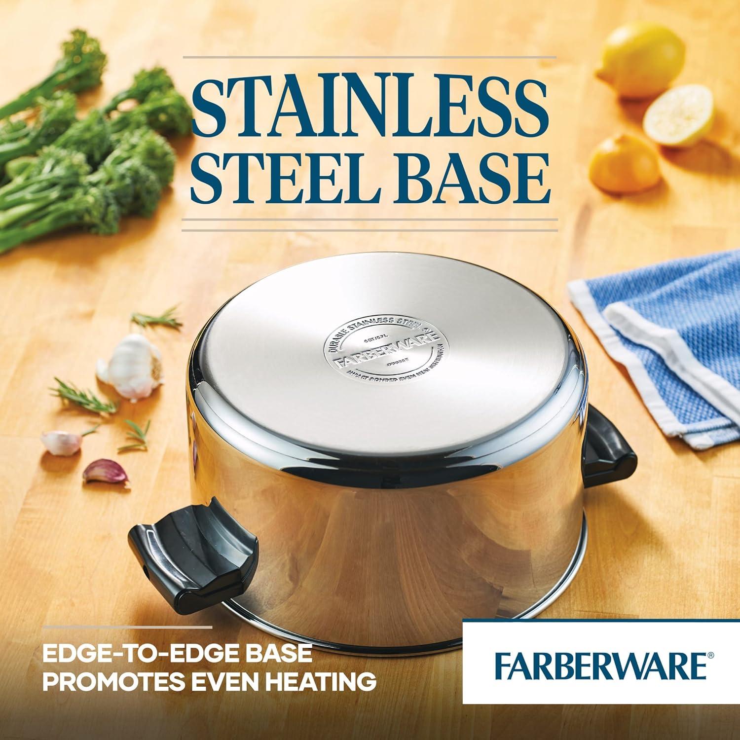 Farberware Classic Series 6qt Stainless Steel Stockpot with Lid Silver: Dishwasher-Safe, Induction & Gas Compatible