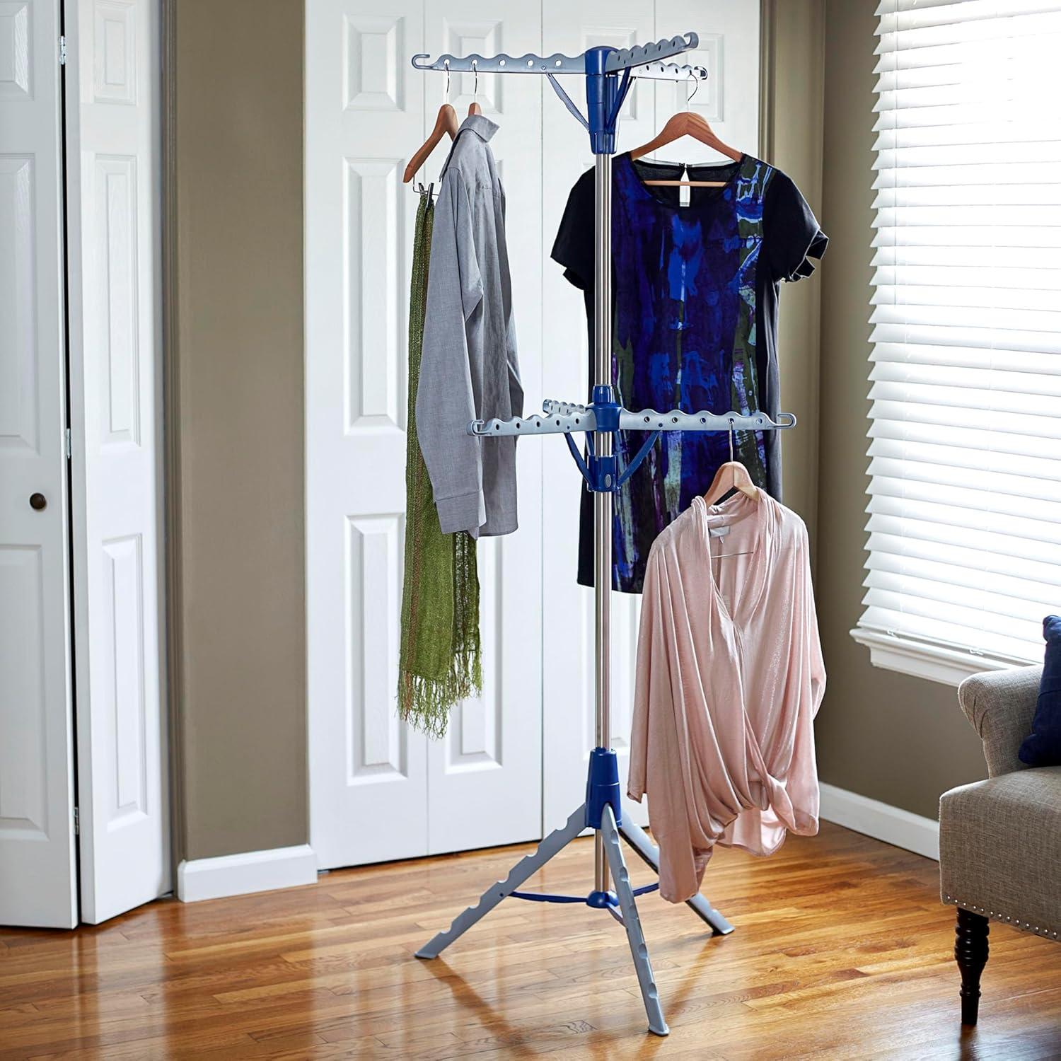 Silver and Blue 2-Tier Portable Tripod Clothes Drying Rack