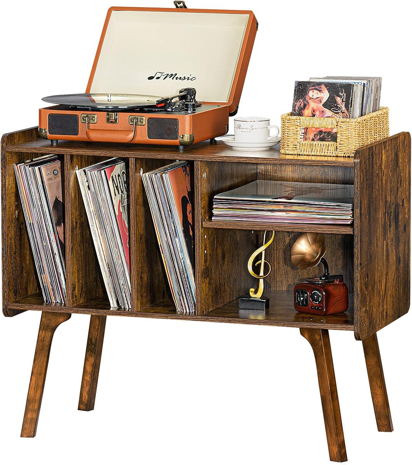 Brown Beech Wood Record Player Stand with Cabinet