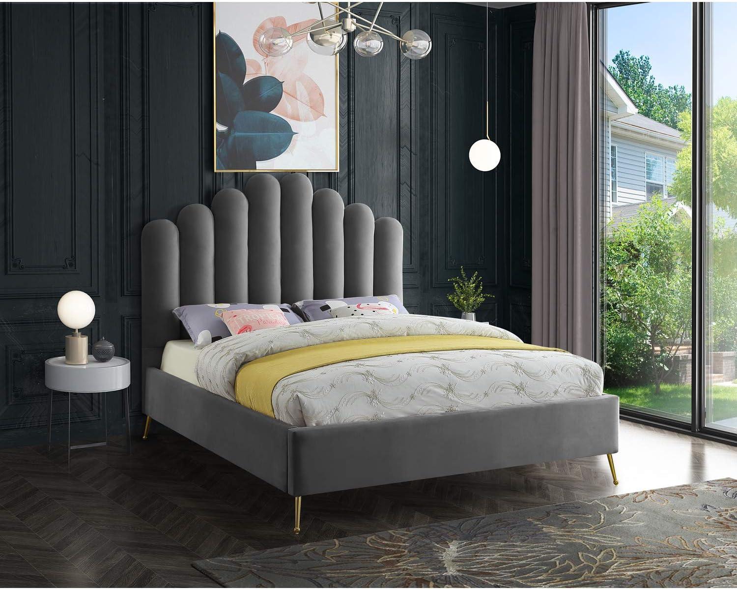 Elegant Grey Velvet Queen Bed with Gold Metal Frame and Tufted Headboard