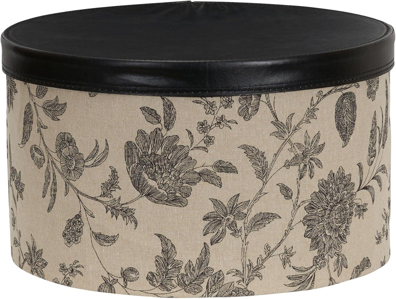 Round Hat Boxes with Lids, Detailed Floral Print with Faux Leather Lids, Large, Medium and Small, Black and Tan