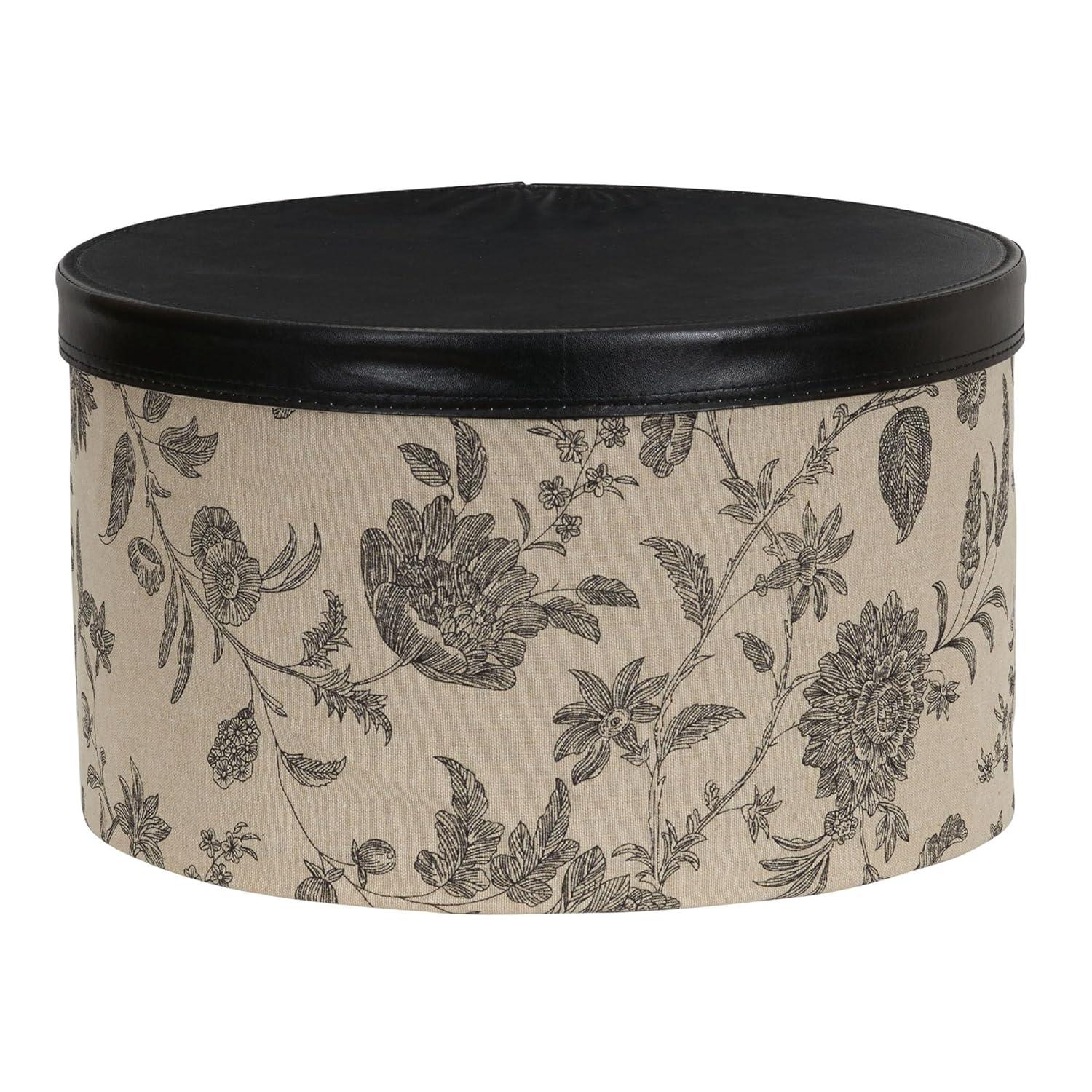 Round Hat Boxes with Lids, Detailed Floral Print with Faux Leather Lids, Large, Medium and Small, Black and Tan