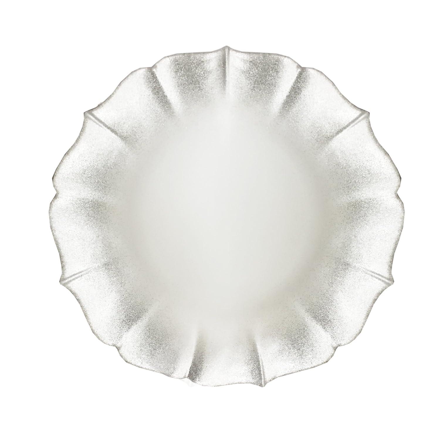 American Atelier, Round Contessa Glass Decorative Pearl White with Silver Glitter Charger Plate, 13"