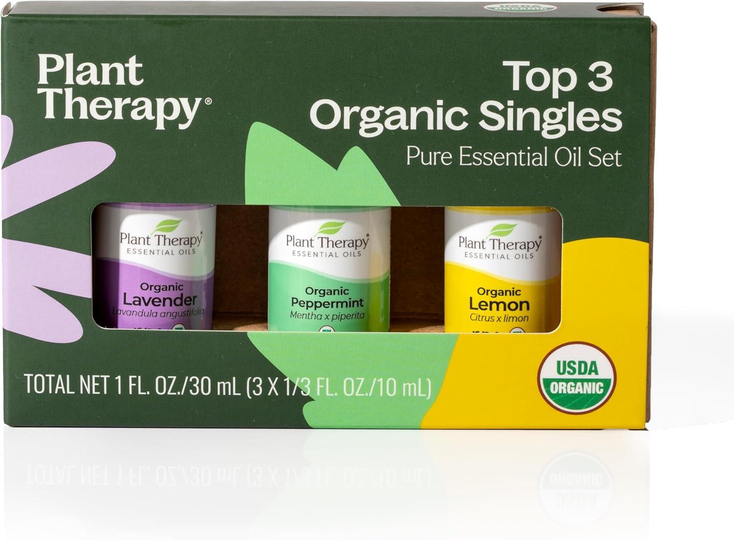 Plant Therapy Top 3 Organic Singles Set 10 mL (1/3 oz) Lemon, Lavender & Peppermint 100% Pure, Undiluted, Natural Aromatherapy