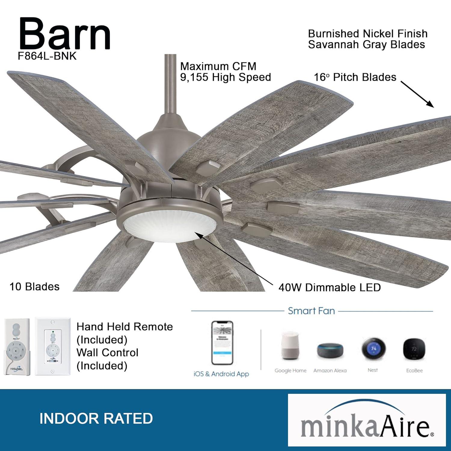 65" Barn 10 - Blade LED Smart Standard Ceiling Fan with Remote Control and Light Kit Included
