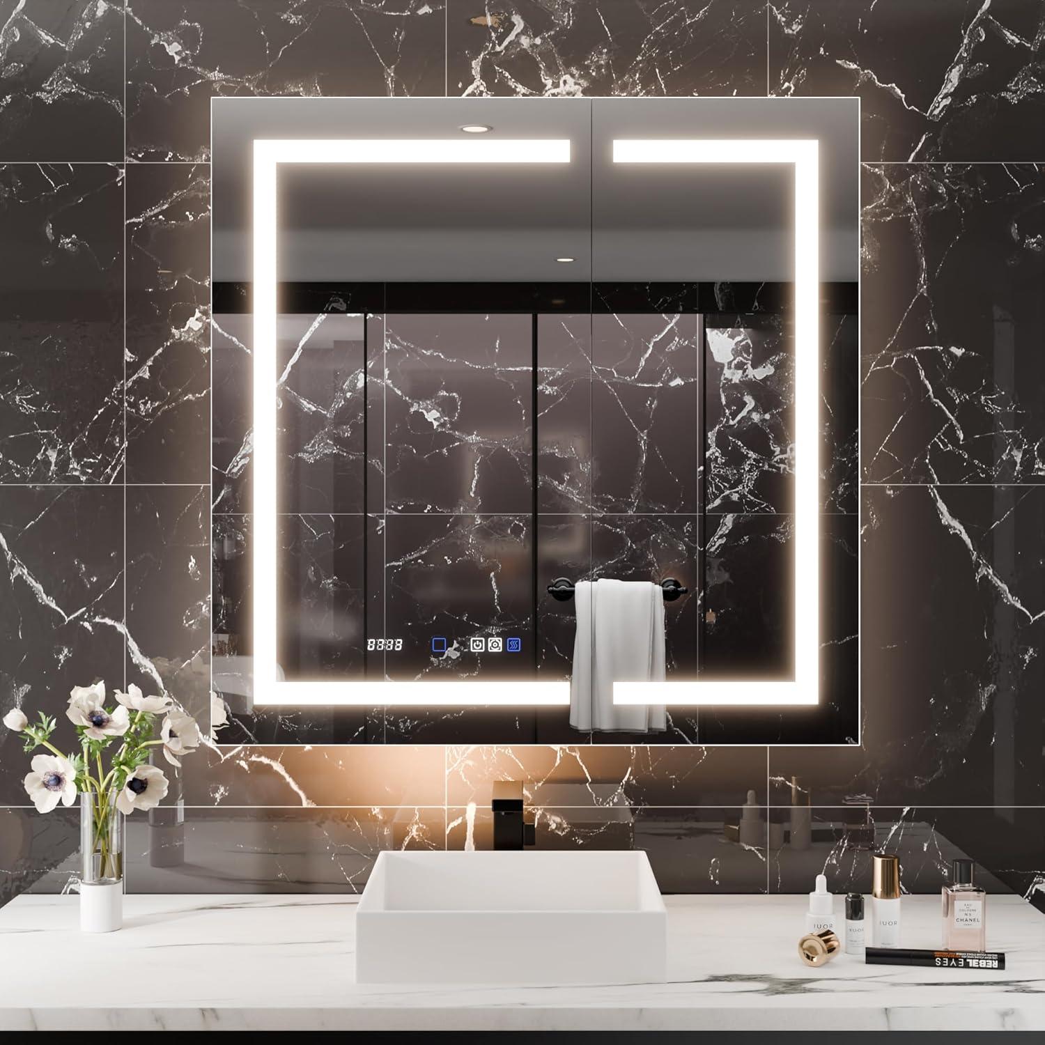 MEDUNJESS 72''x36'' Surface or Recessed Mount LED Medicine Cabinet with Mirror and Defogger 3 doors Medicine Cabinet