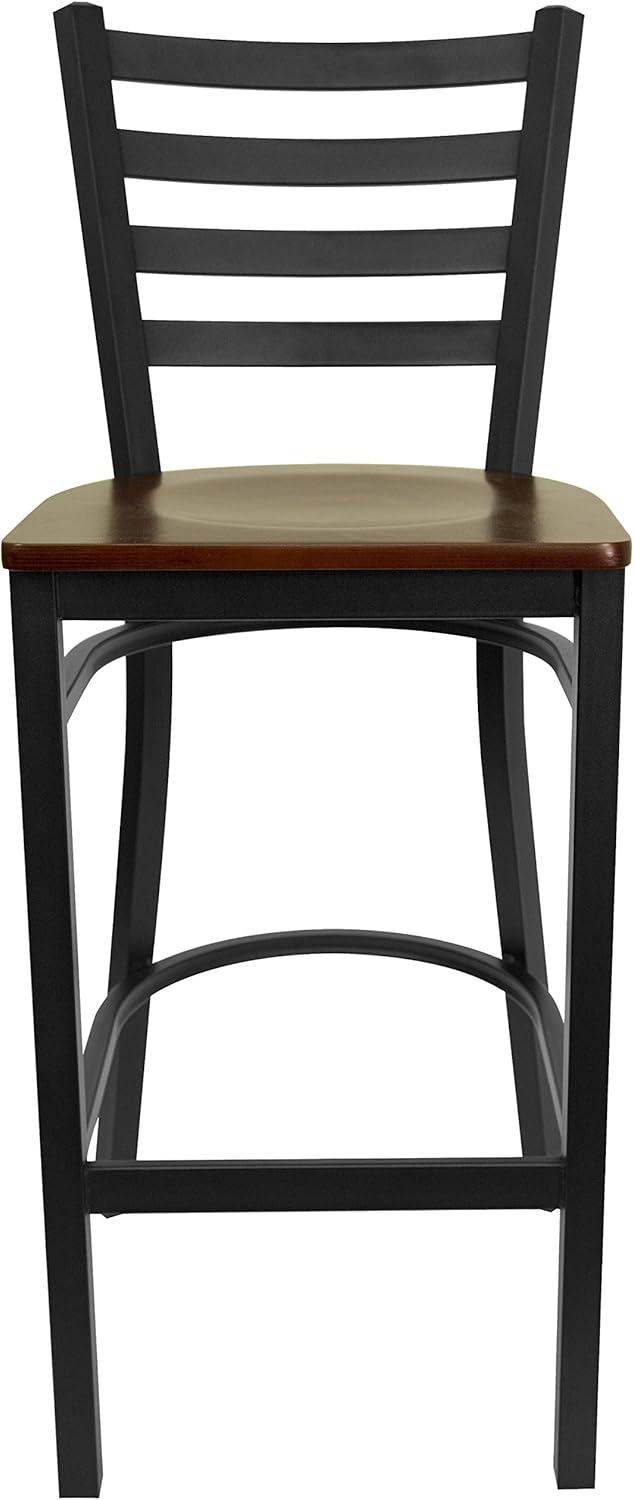 Flash Furniture HERCULES Series Black Ladder Back Metal Restaurant Barstool - Mahogany Wood Seat