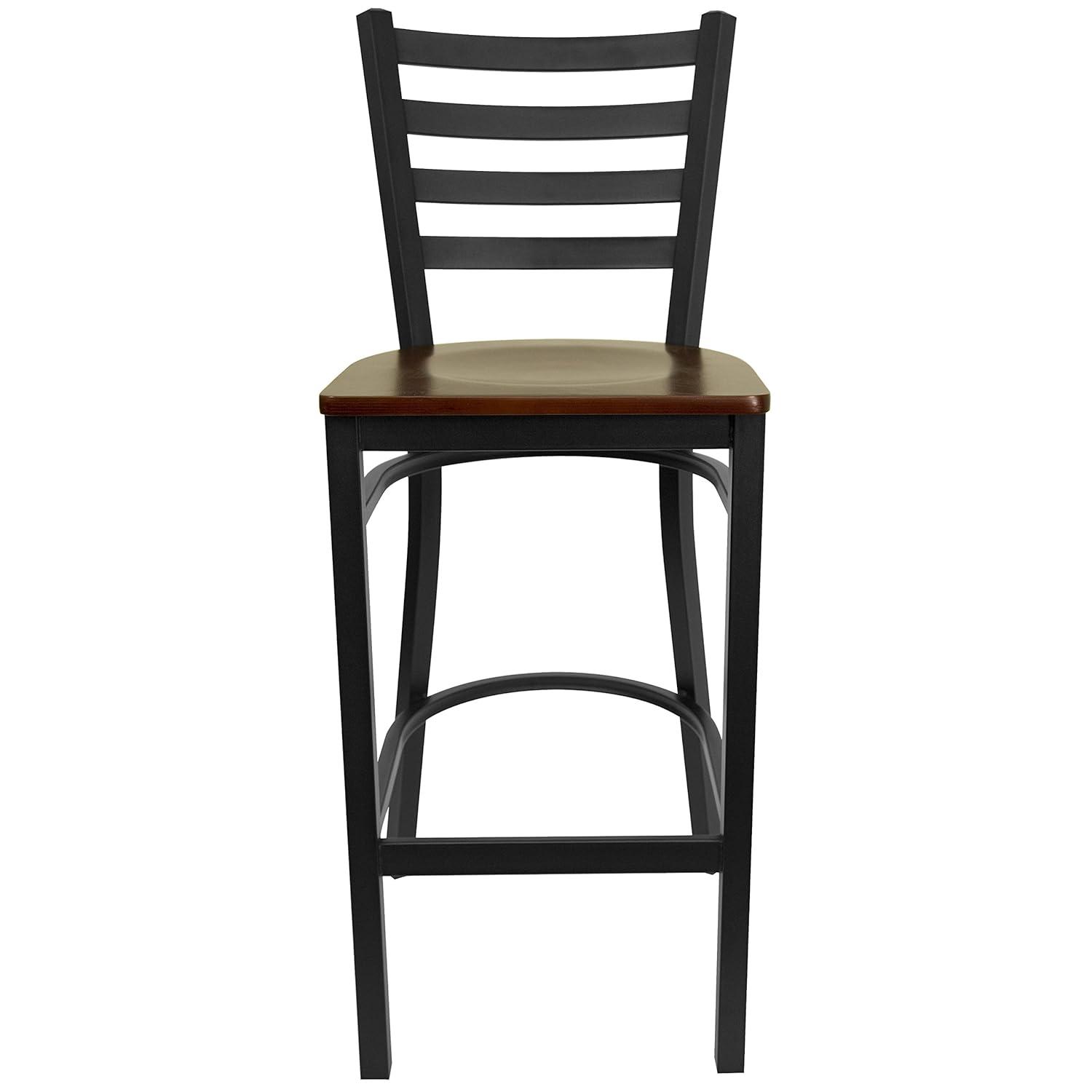 Flash Furniture HERCULES Series Black Ladder Back Metal Restaurant Barstool - Mahogany Wood Seat