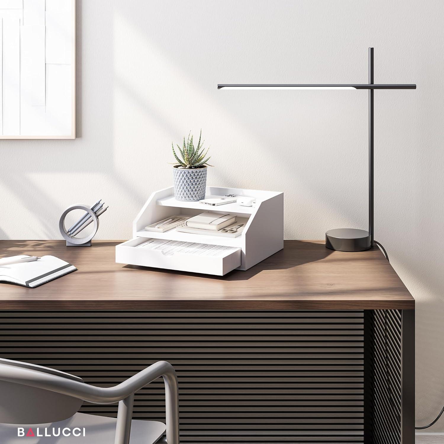 Ballucci Desk Organizer with Drawer, 2 Tier Paper Office Supplies Desk Organizer, 13 2/5" x 9 3/5" x 6", White