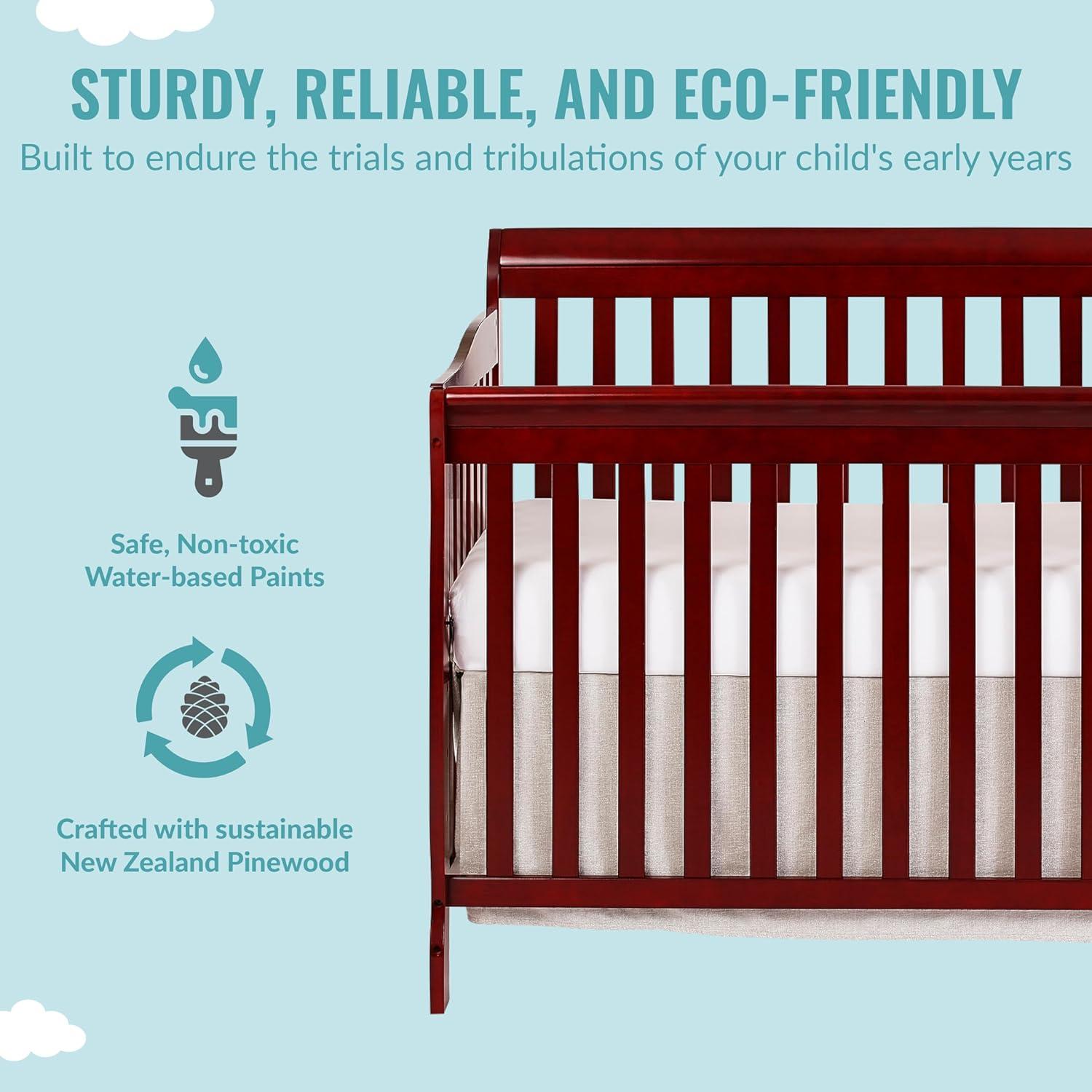 Dream On Me Ashton 5-in-1 Convertible Crib, Cherry, Greenguard Gold and JPMA Certified