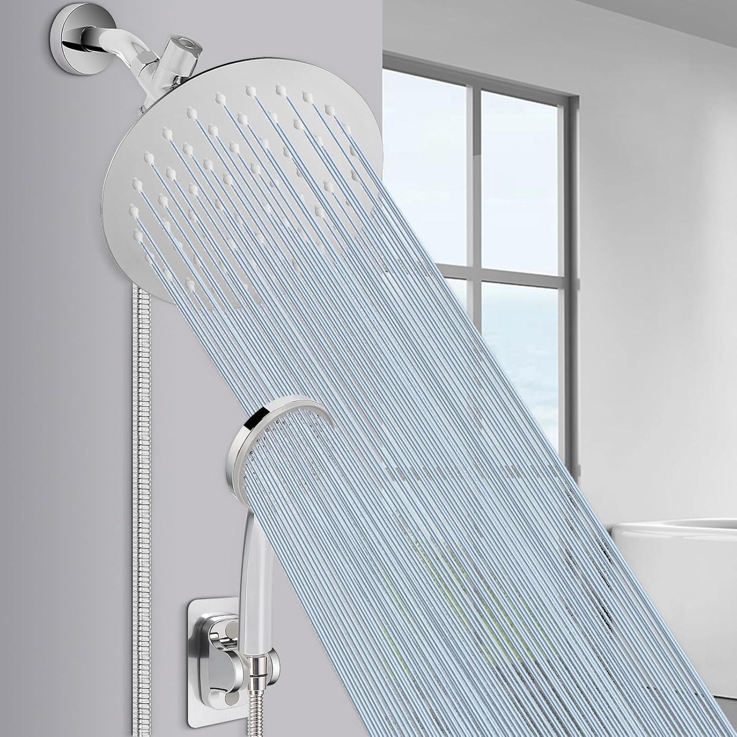 NearMoon Shower Head with Hose, High-Pressure Stainless Steel 8'' Rain Shower and 5 Settings Handheld Shower Spray Combo with Push Button Flow Control for Easy Operation (Chrome)