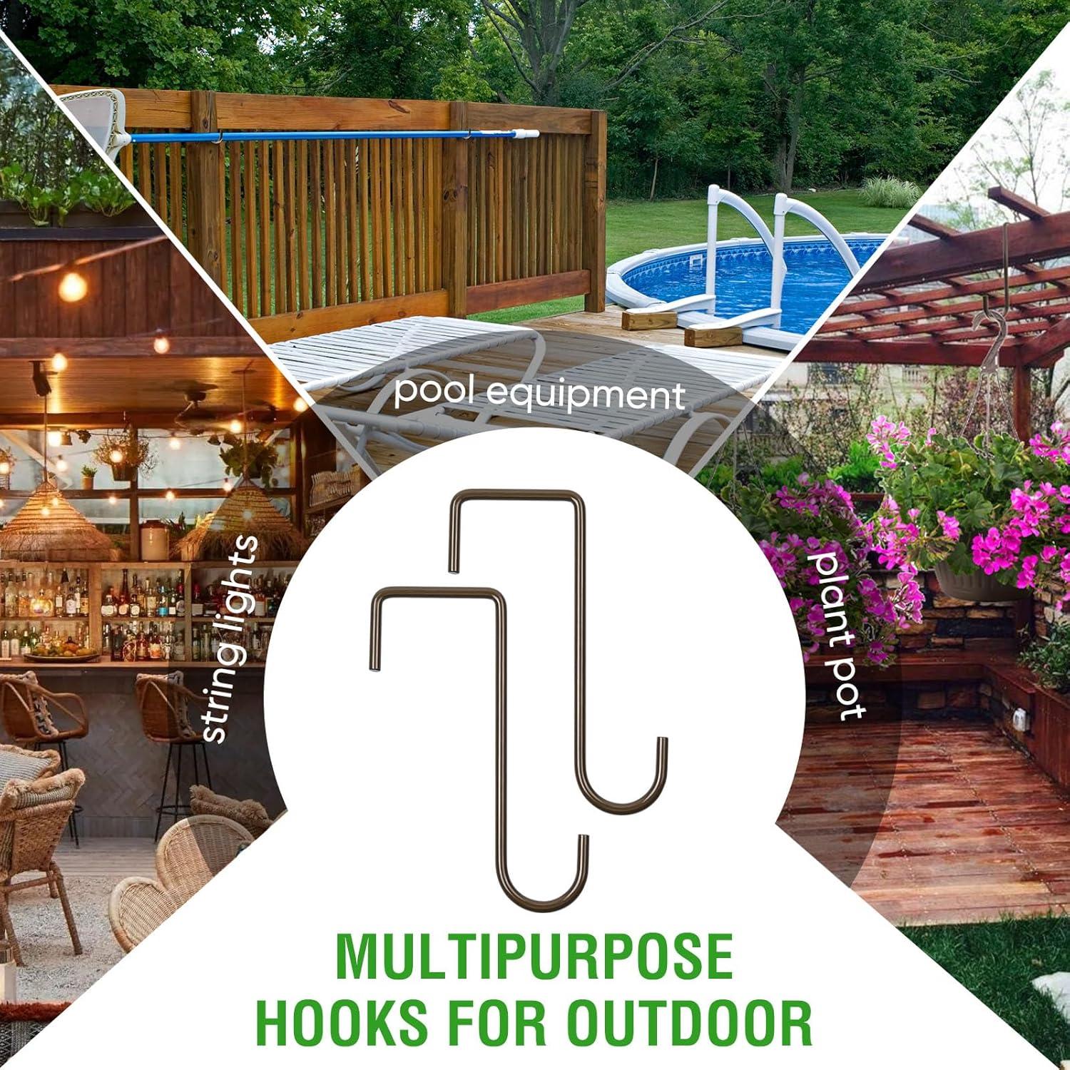 HiGift 12 Pack Vinyl Fence Hooks, 2 x 6 inch Patio Hangers Powder Coated Steel Pergola Hooks for Hanging Plants,Bird Feeders,Bird House,Outdoor String Lights,Pool Towels Equipment Tools - Brown