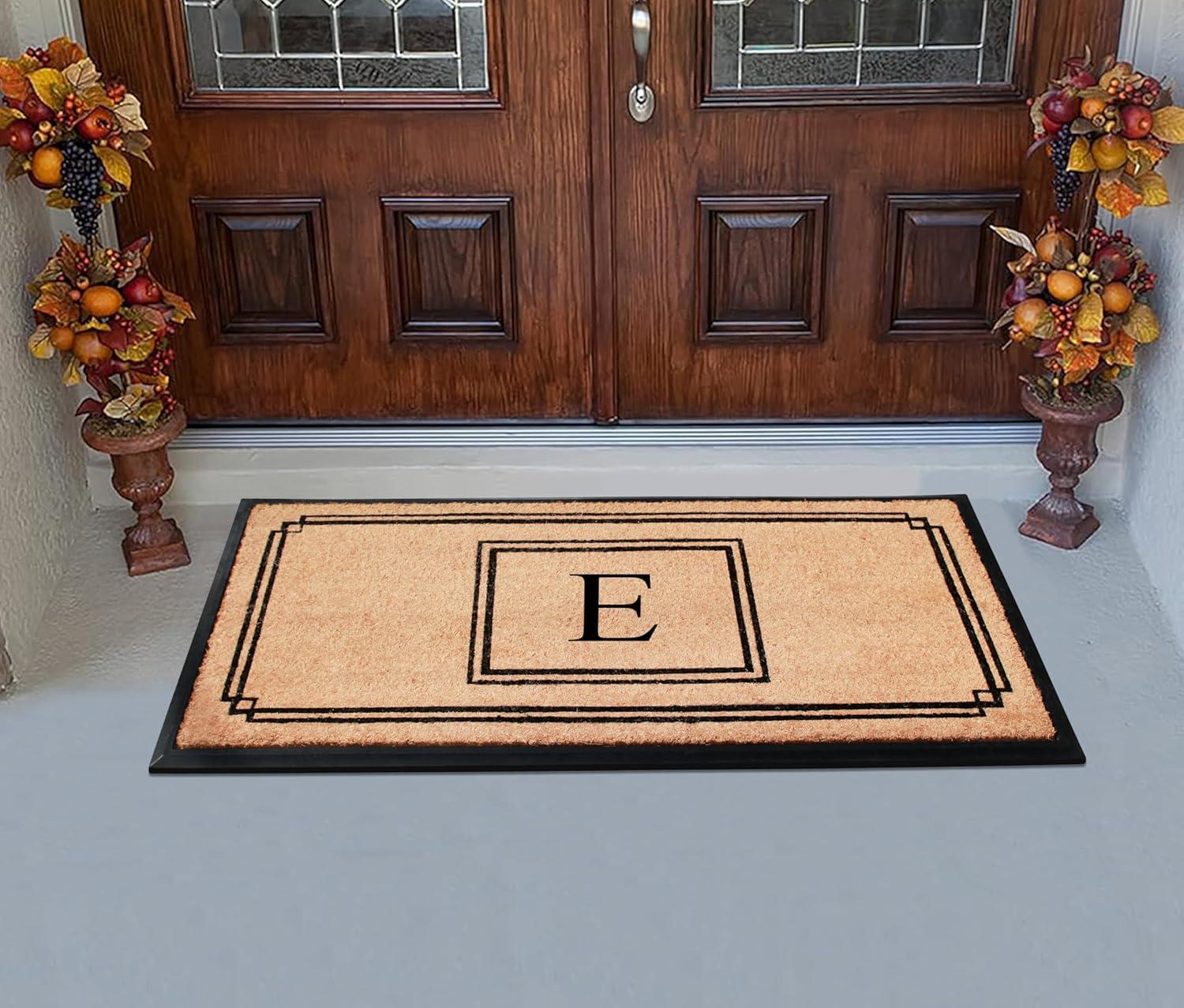 A1HC Rubber & Coir Heavy Duty, Extra Large 24"X47.5", Black/Beige Doormat Monogrammed E