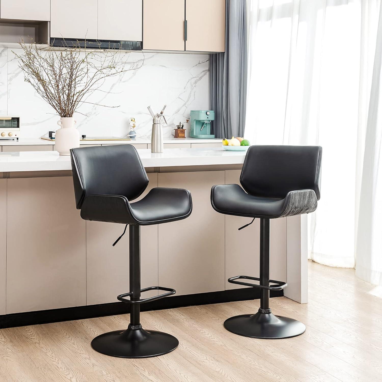 Set of 2 Leatherette Adjustable Height Swivel Bar Stools Black Metal Base Black - Glitzhome