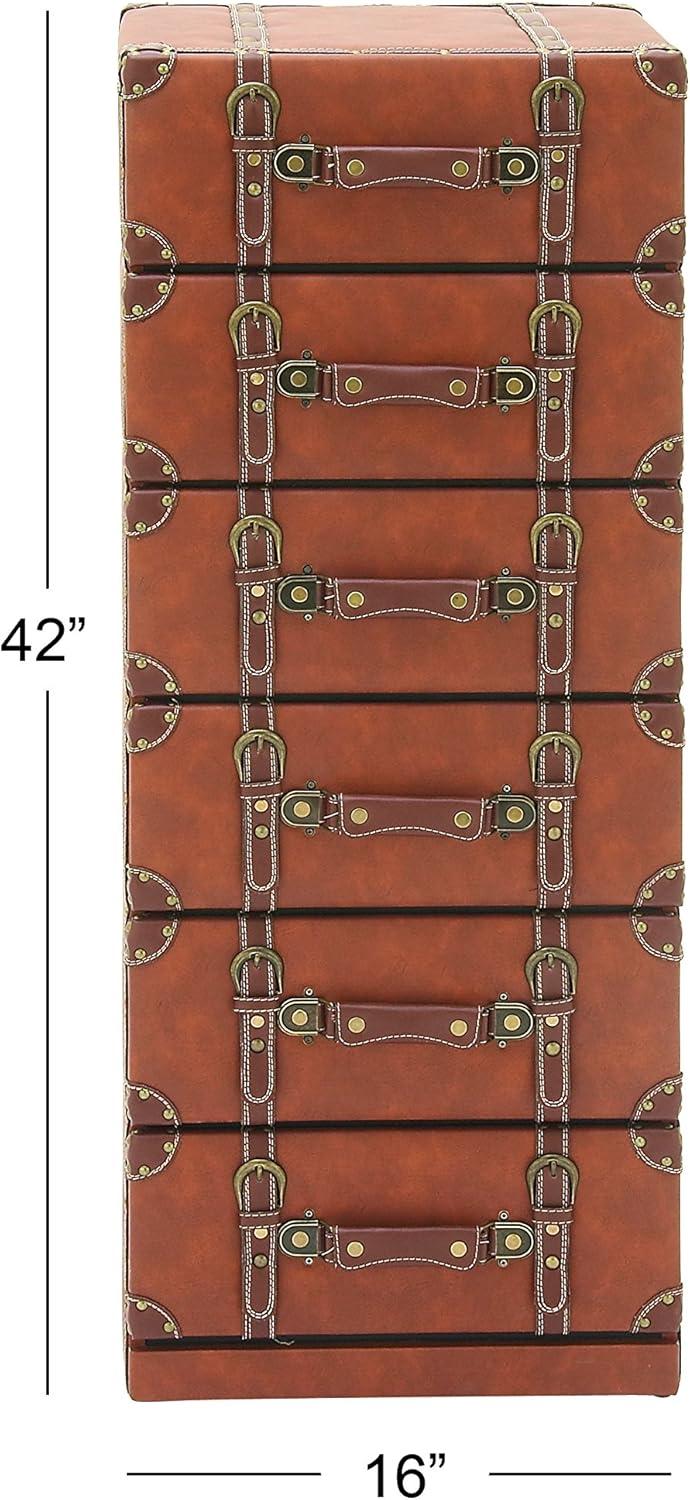 DecMode 16" x 42" Brown Wood Faux Leather 6 Drawers Chest with Buckle and Strap Detailing, 1-Piece