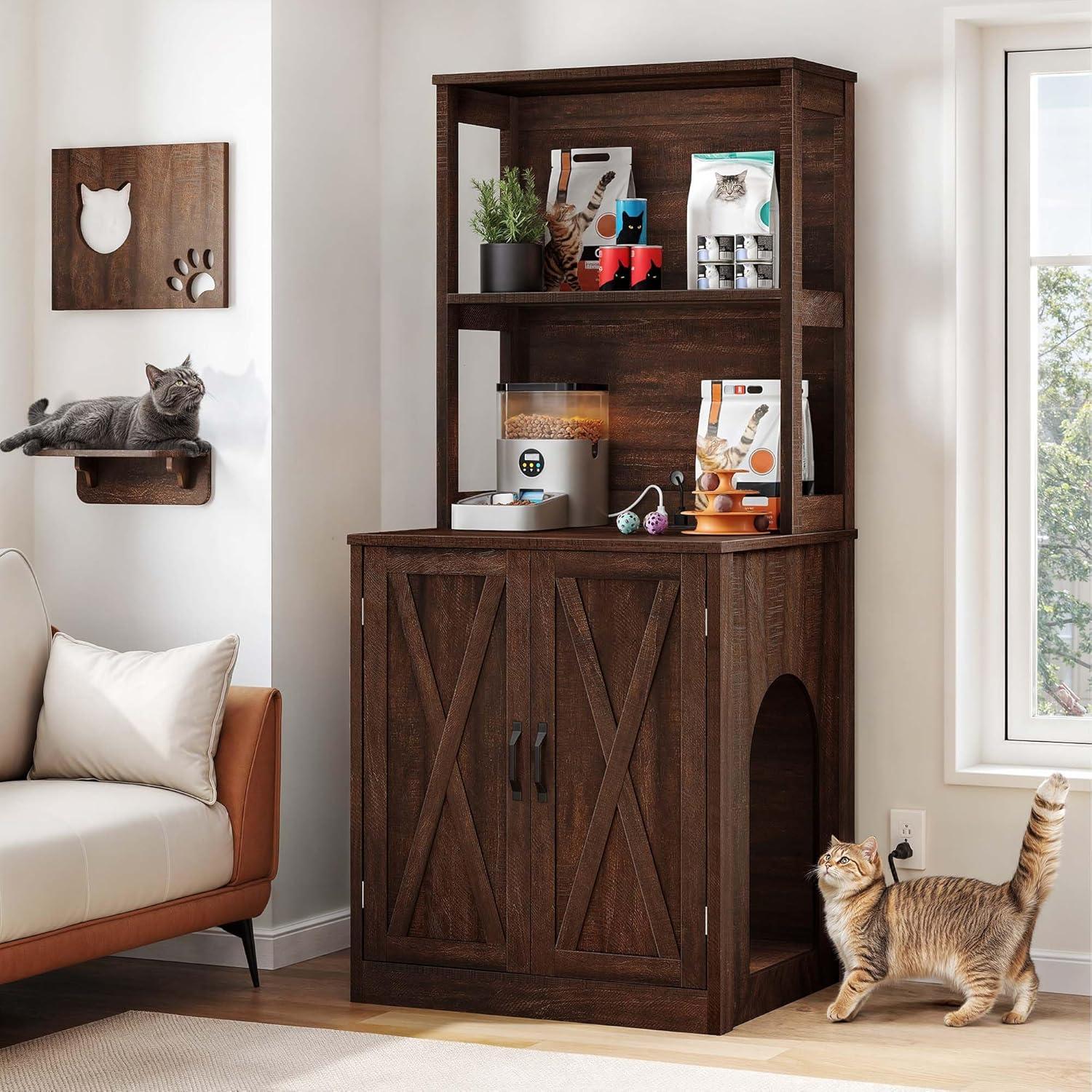 DWVO Large Hidden Cat Litter Box Enclosure Furniture with 2 Shelf Cat Washroom Storage with Charging Station，Wooden Cat Cabinet for Litter Box - Gray