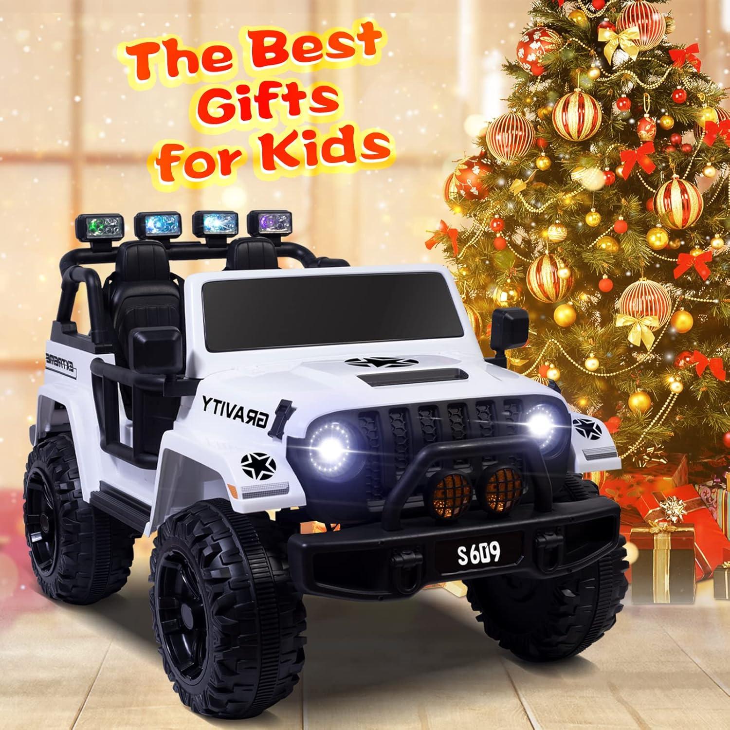 Hetoy Ride on Truck Car 12V Kids Electric Vehicles with Remote Control Spring Suspension, LED Lights, 2 Speeds