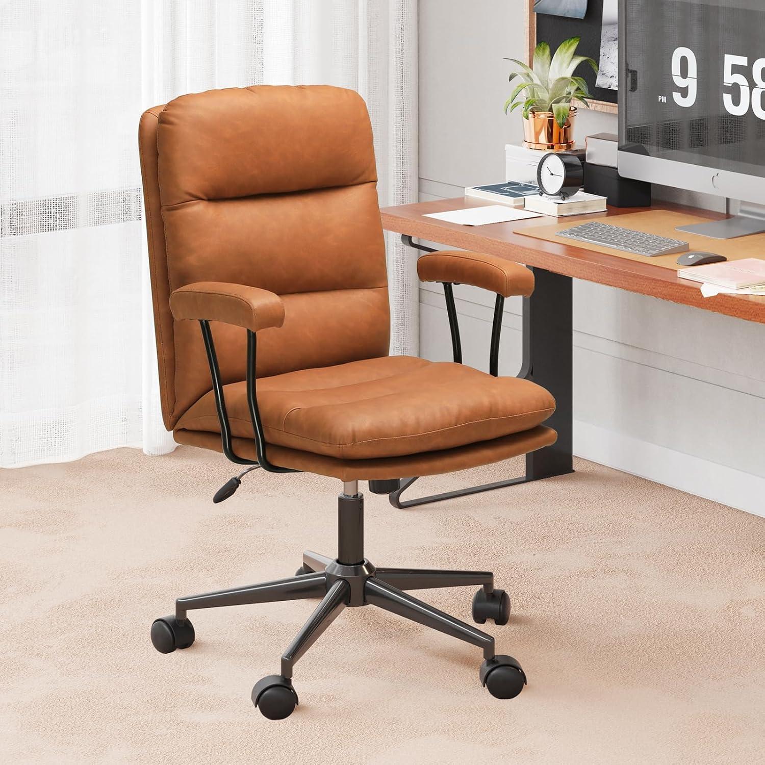 Brown Faux Leather High Back Swivel Office Chair with Metal Base