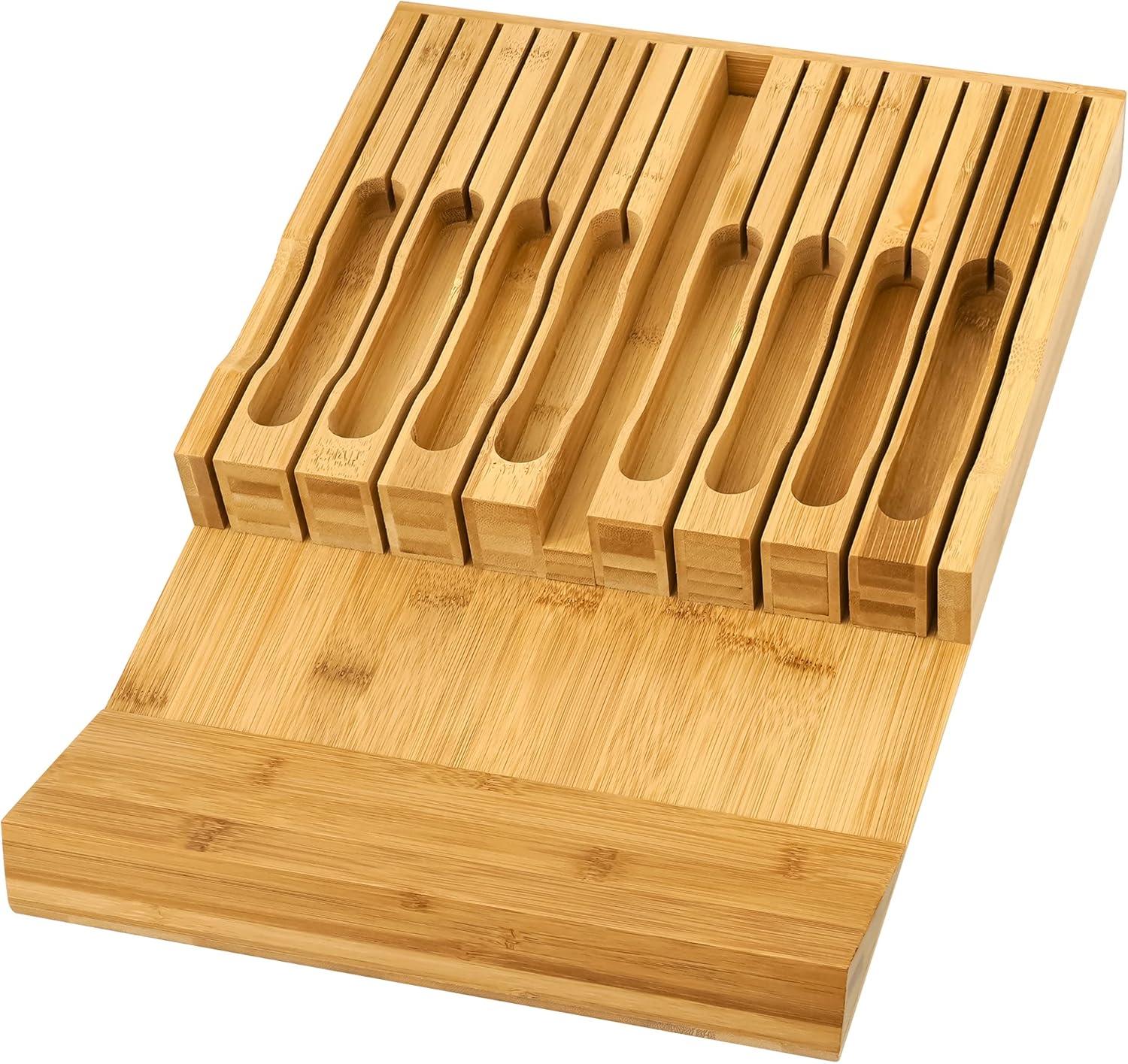 In-Drawer Knife Block,Bamboo Knife Drawer Organizer Insert, Kitchen Knife Drawer Storage for 16 Knives a Slot for your Knife Sharpener (Without Knives)