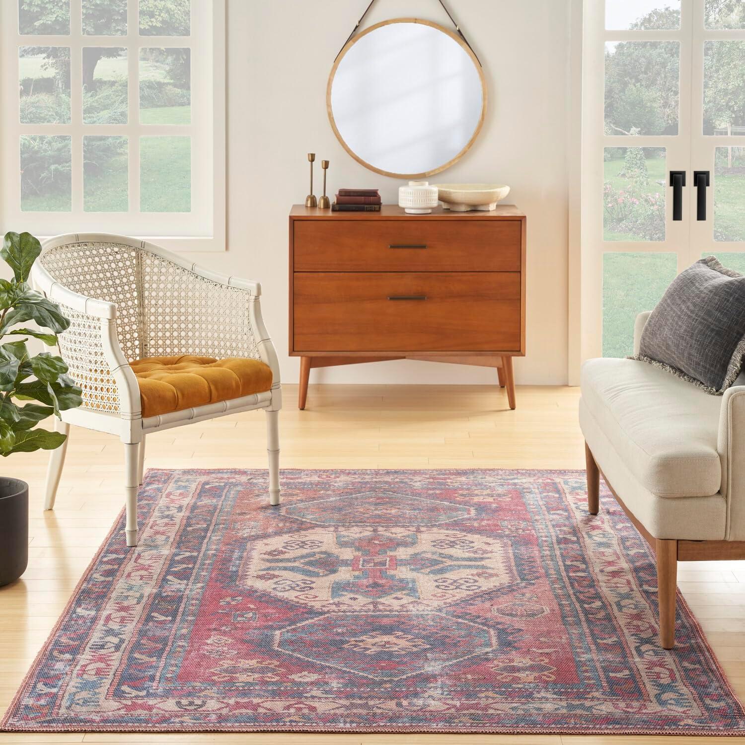 Machine Washable Southwestern Navy/Muted Red/Beige Area Rug