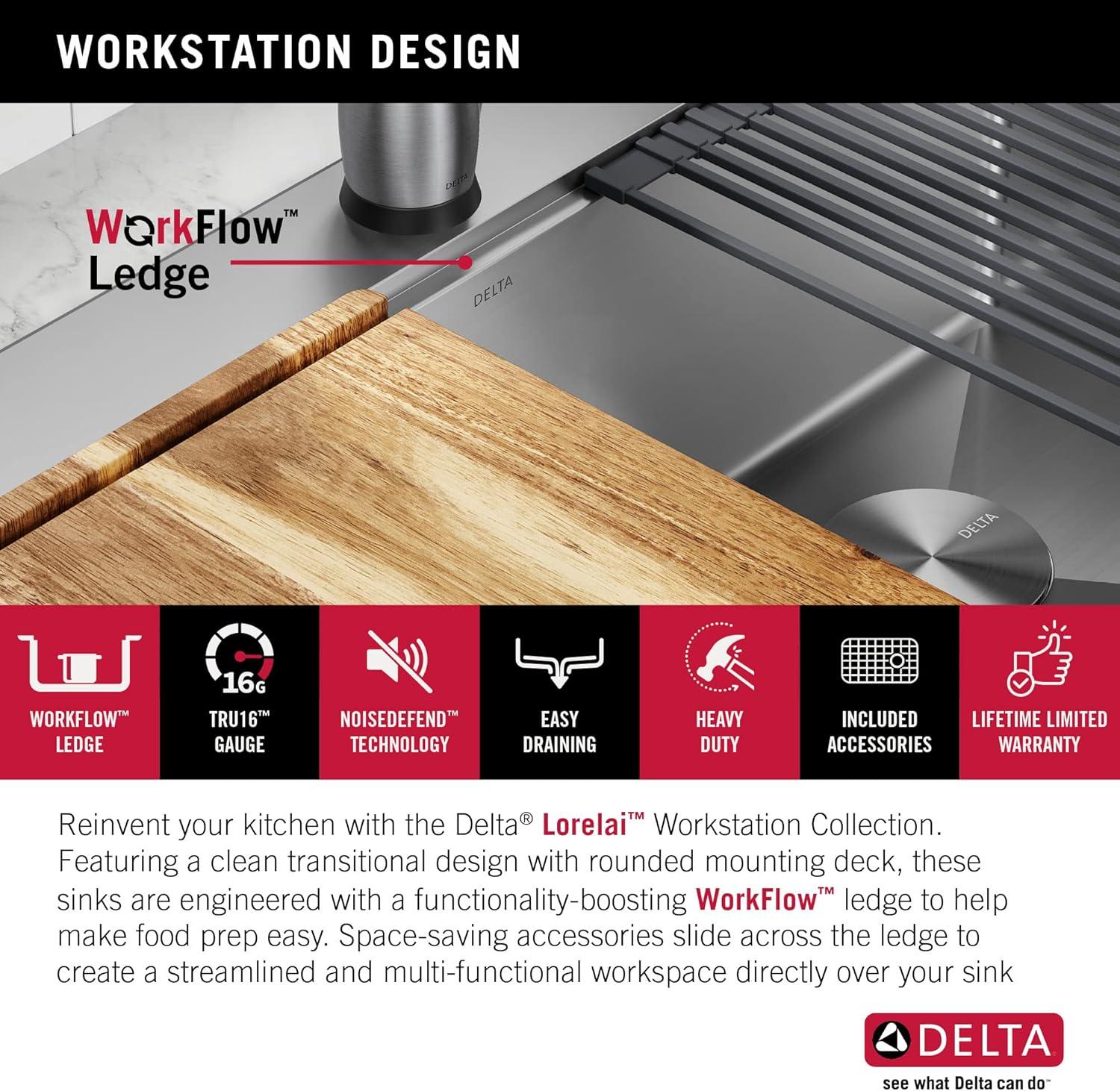 Delta Lorelai™ 33" L Workstation Kitchen Sink Drop-In Top Mount 16 Gauge Stainless Steel Double Bowl