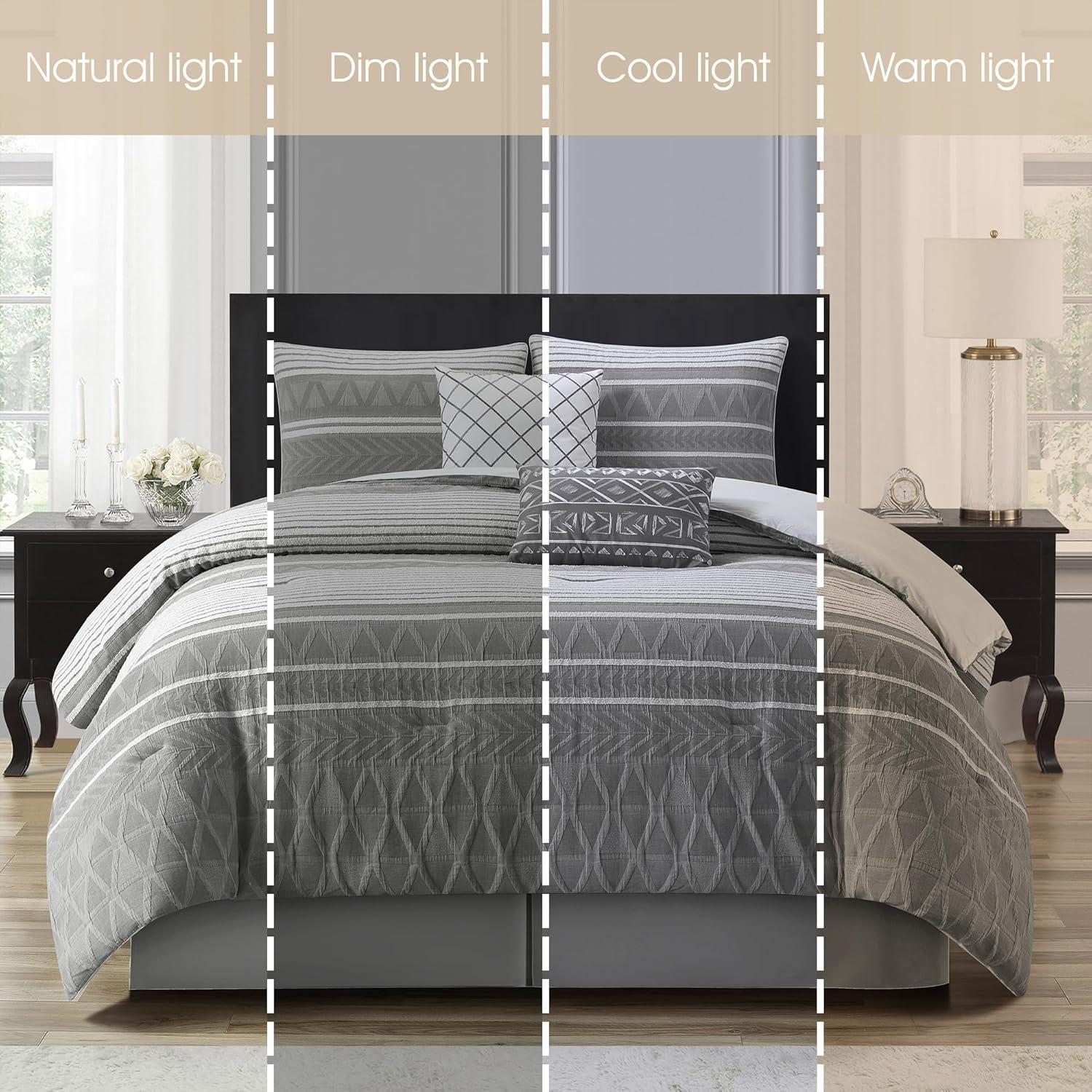 Lanco 100% Cotton King Size Comforter Set, 6 Piece, Color Grey, Geometric Jacquard Bedding Set, Matching Bedskirt, Pillows & Shams