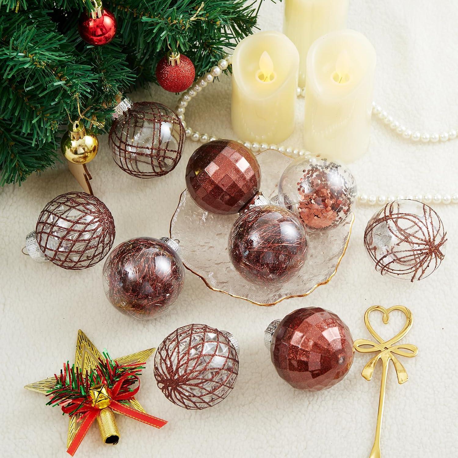 30ct Christmas Ball Ornaments-60mm/2.36" Shatterproof Clear Plastic Xmas Balls Baubles Set with Stuffed Delicate Sparkling, Hanging Christmas Tree Decorations (Rose Gold)