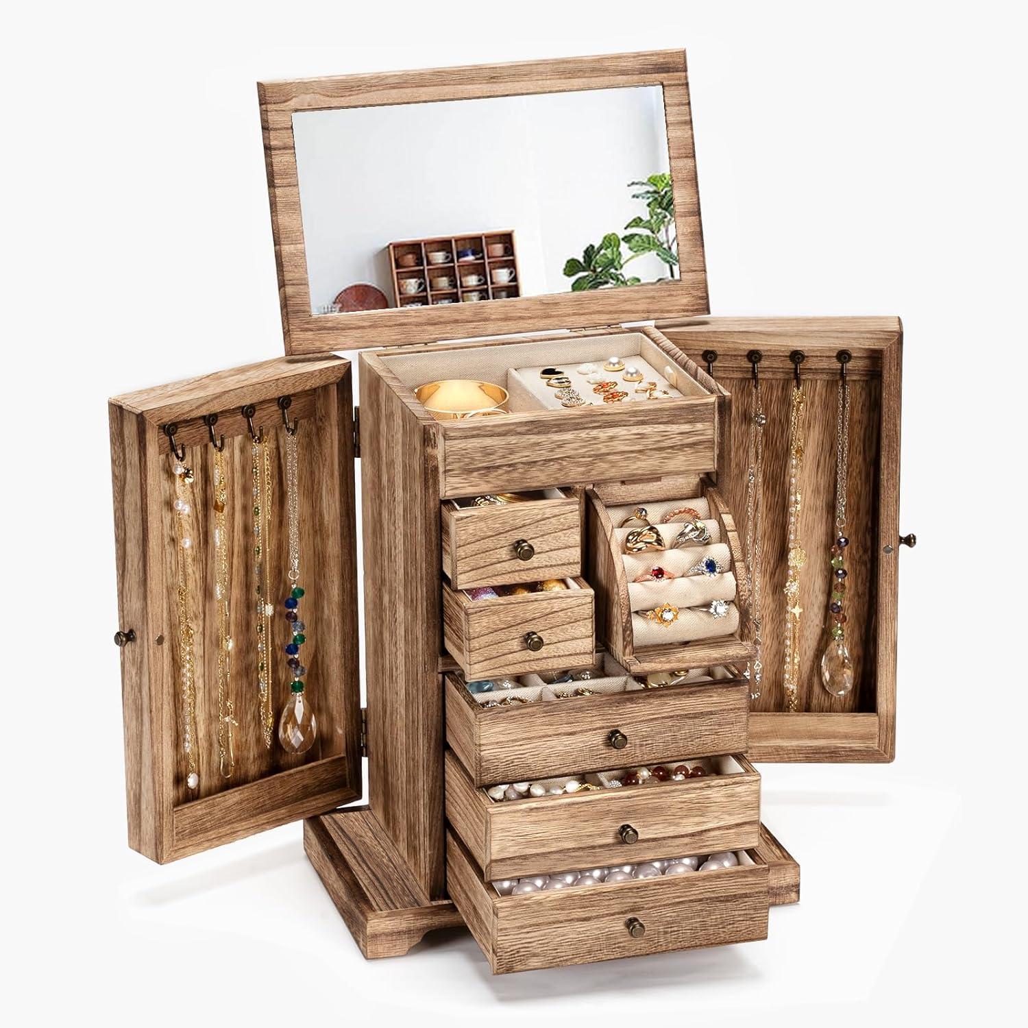 Loon Peak® Jewelry Box, Rustic Wooden Jewelry Boxes & Organizers With Mirror & Drawers,6 Layer Jewelry Organizer Box For Rings Earrings Necklaces Bracelets (Carbonized Black)