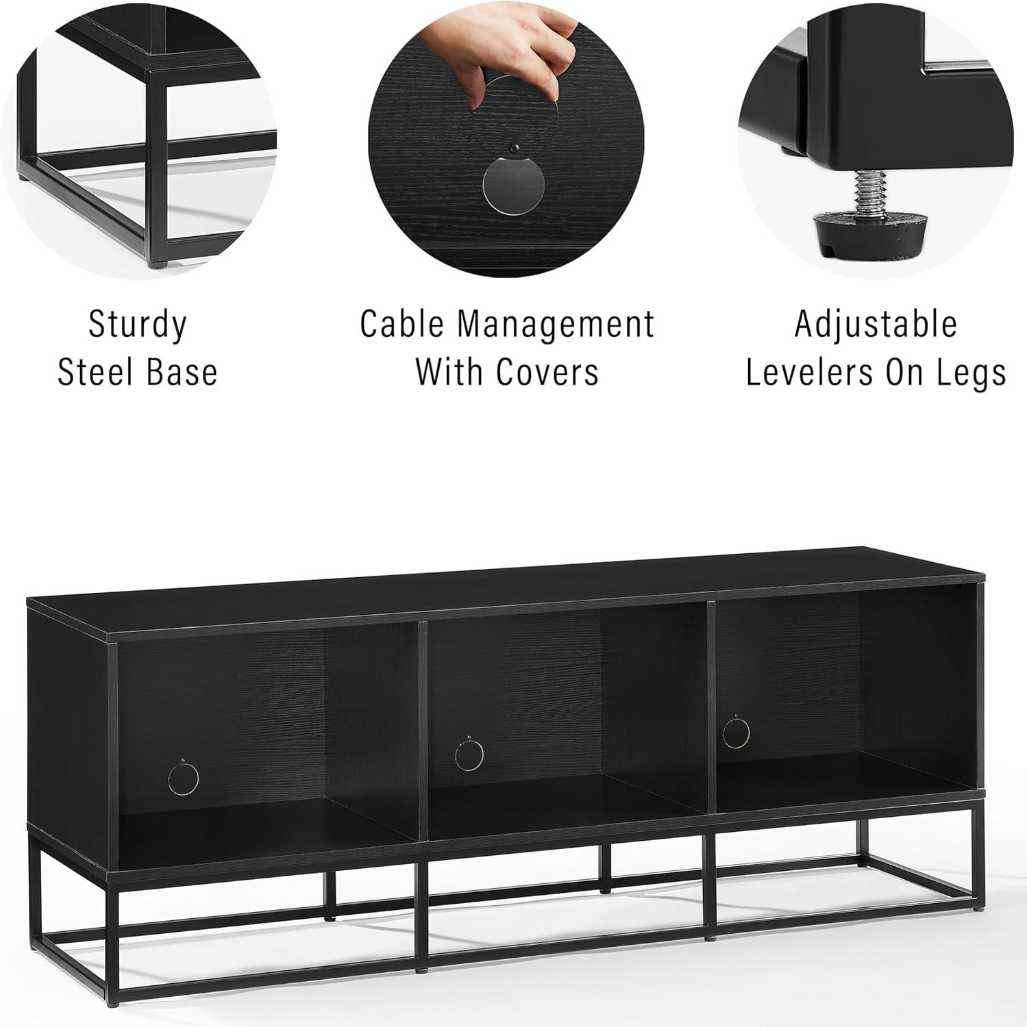 Crosley 60" Enzo Large Record Storage Media Console Black: Modern Industrial Style, Melamine Veneer, Steel Legs