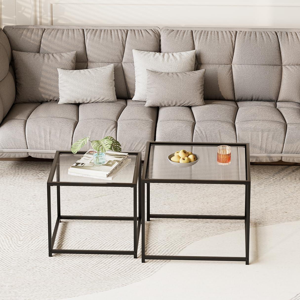 VILAWLENCE Coffee Table Set of 2, Modern Black Patterned Glass Side Table, Metal Frame Square End Table, Center Tables Nesting Coffee Table for Living Room,Bedroom and Small Spaces