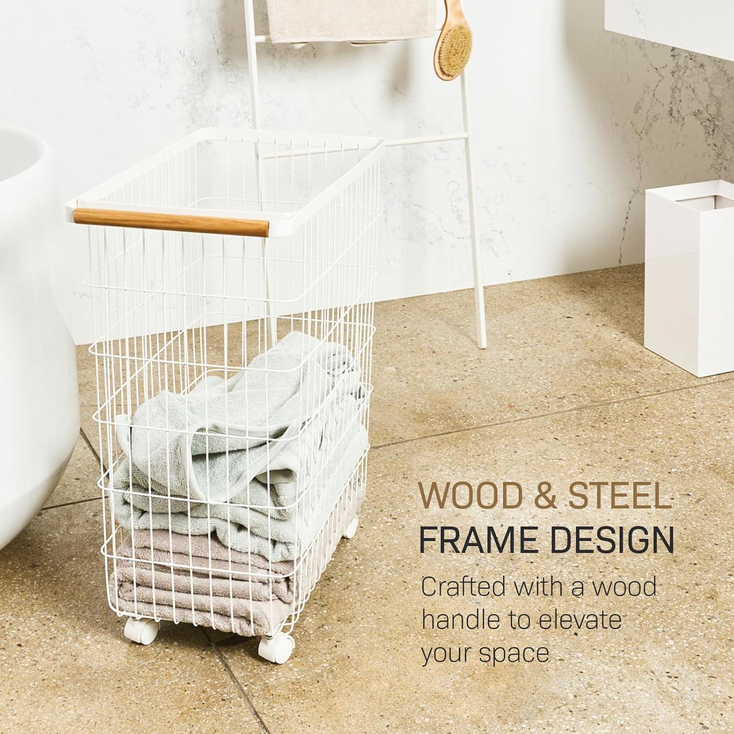 Yamazaki Home Slim Rolling Laundry Basket Hamper, Steel + Wood, 14.5 gallons, Handles, Wheels