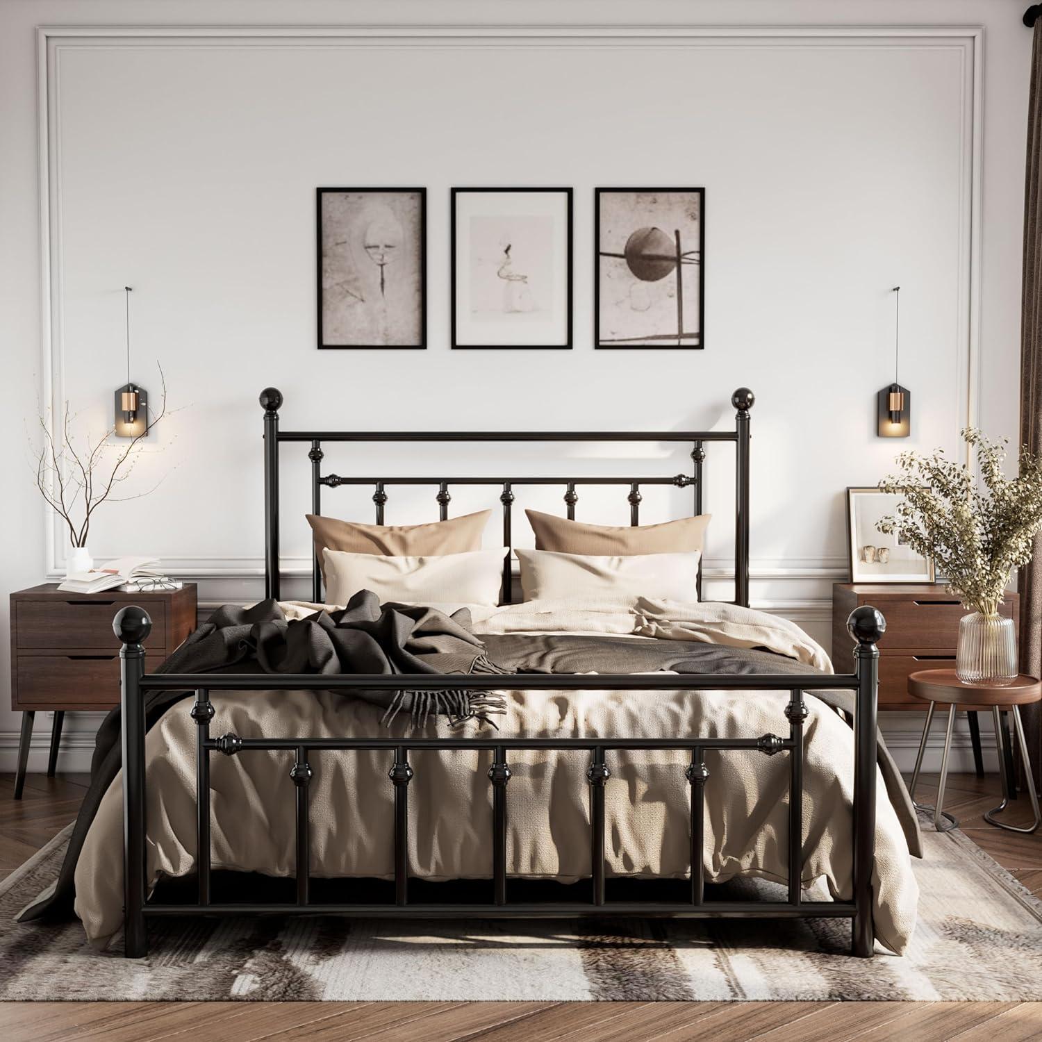 Black Metal Queen Platform Bed Frame with Victorian Headboard and Storage