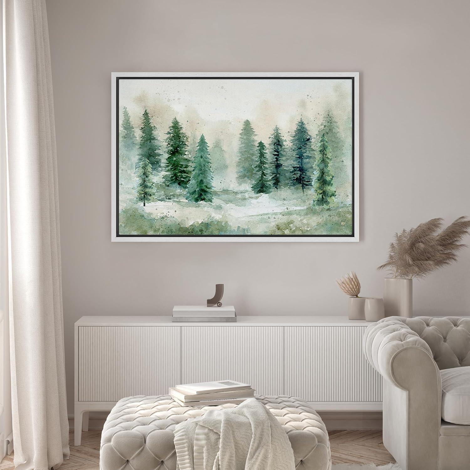 Woodland Forest Landscape " IDEA4WALL Framed Canvas Print Wall Art Woodland Nursery Decor Pastel Green Pine Tree Forest Landscape Nature Wilderness Fine Art Decorative Rustic For Living Room, Bedroom, Office "