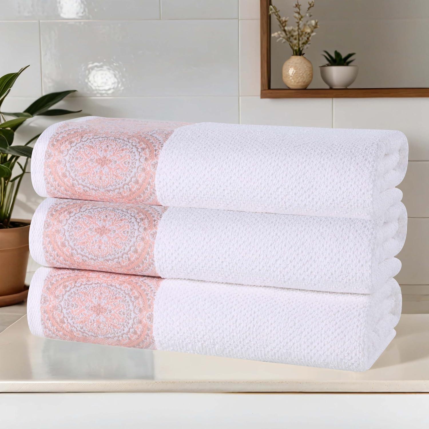 Superior Medallion Cotton Bath Towels Set, White and Emberglow, 3-Pack