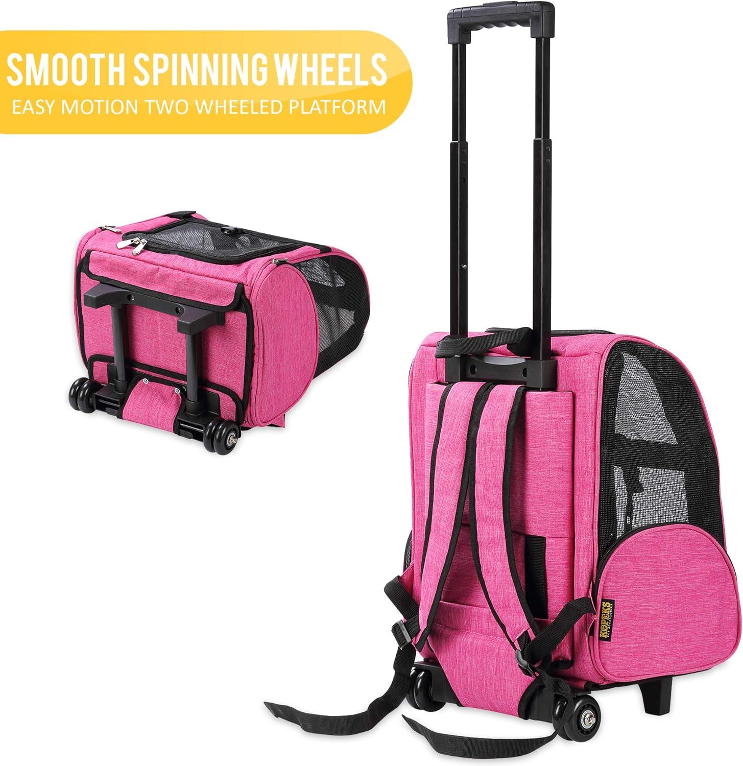Pink Rolling Backpack Pet Carrier with Mesh Panels