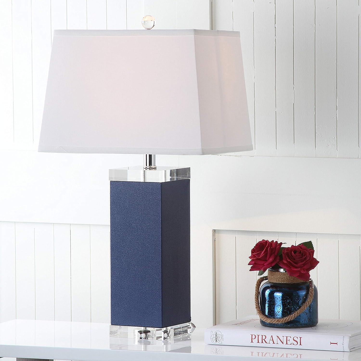 Deco Navy Blue Faux Leather Table Lamp with Off-White Shade