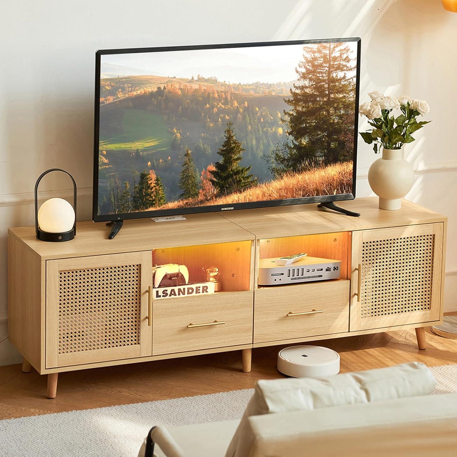 Bay Isle Home™ Heyer Large Wood Rattan TV Stand for TVs up to 75" with LED Light and Charging Station, Coastal Media Console Table, Multimedia Storage Furniture with 2 Drawers, Lighting TV Cabinet