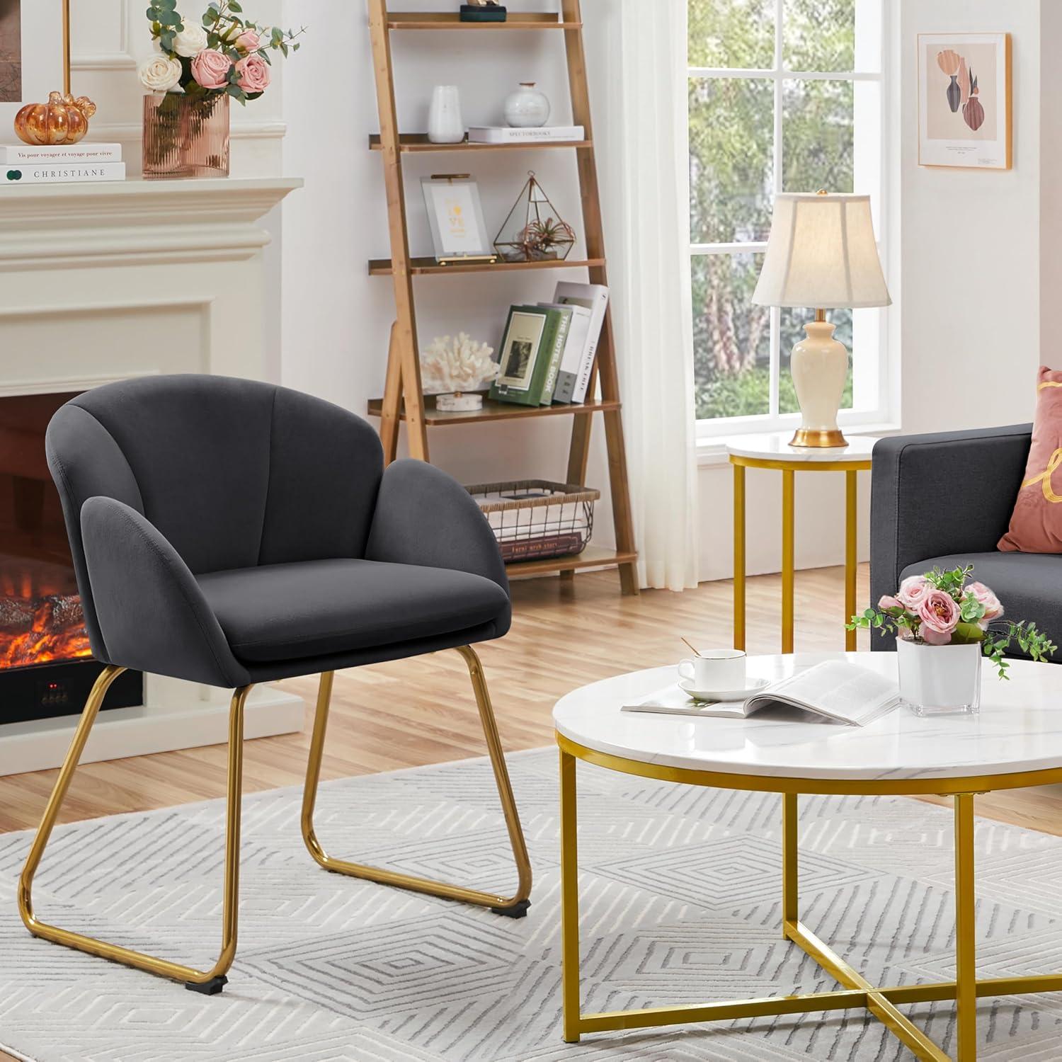 Dark Grey Velvet Accent Chair with Gold Metal Legs