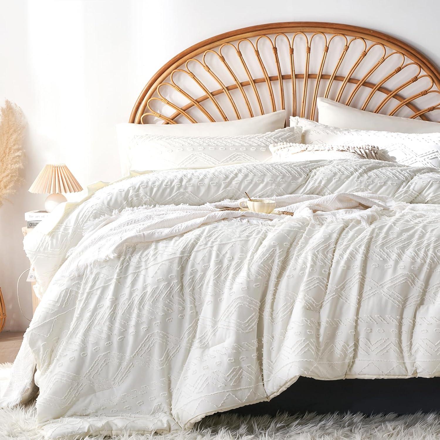 7 Pieces Queen Comforter Set, White Tufted Boho Shabby Chic Bed in a Bag Comforter and Sheet Set, All Season Soft Microfiber Complete Bedding Set (White, Queen)