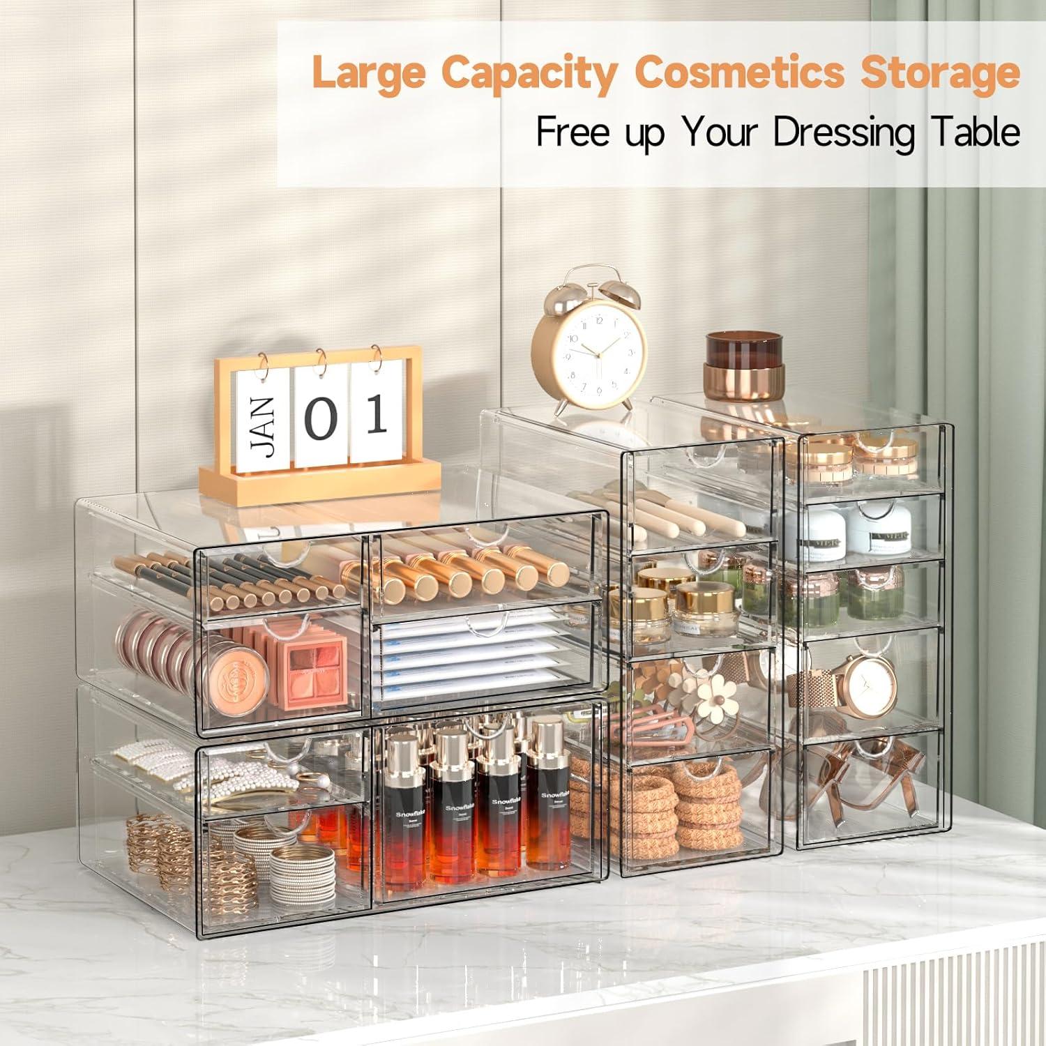 Makeup Organizer With 16 Drawers, 4 Pcs Desktop Office Supplies, Desk Organizers, Clear Desk Accessories, Dustproof Drawer Storage for Make Up, Jewelry, Pen, Stationary